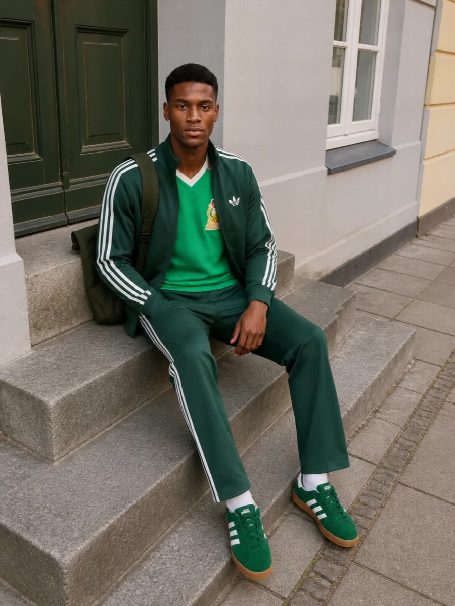 Adidas green track suit gazelle sneakers