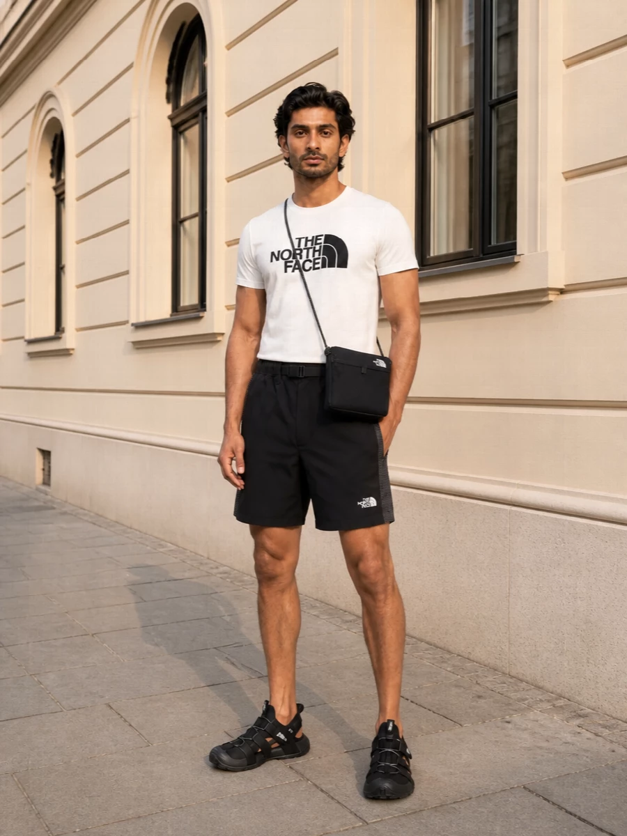 North face logo tee black trail shorts outfit
