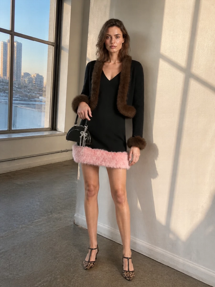 Self portrait faux fur jacket mini dress outfit