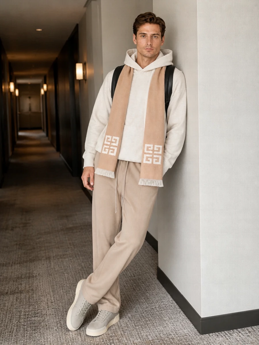 Fear of god hoodie camel trouser taupe sneakers