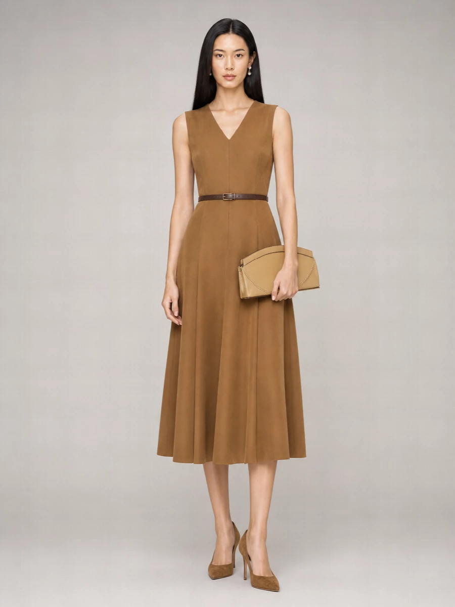S Max Mara Wool Curva Sleeveless V-Neck Midi Dress