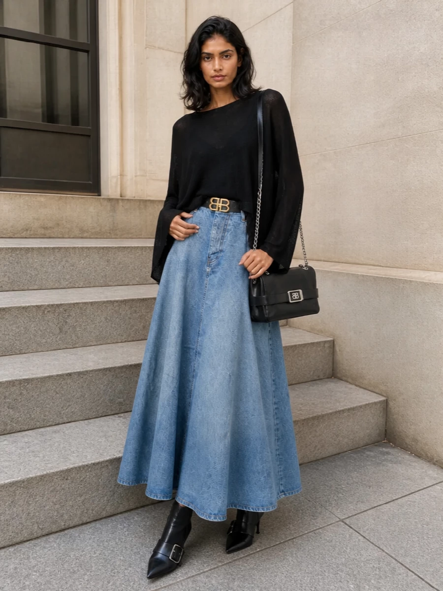Balenciaga denim maxi skirt black knit boots
