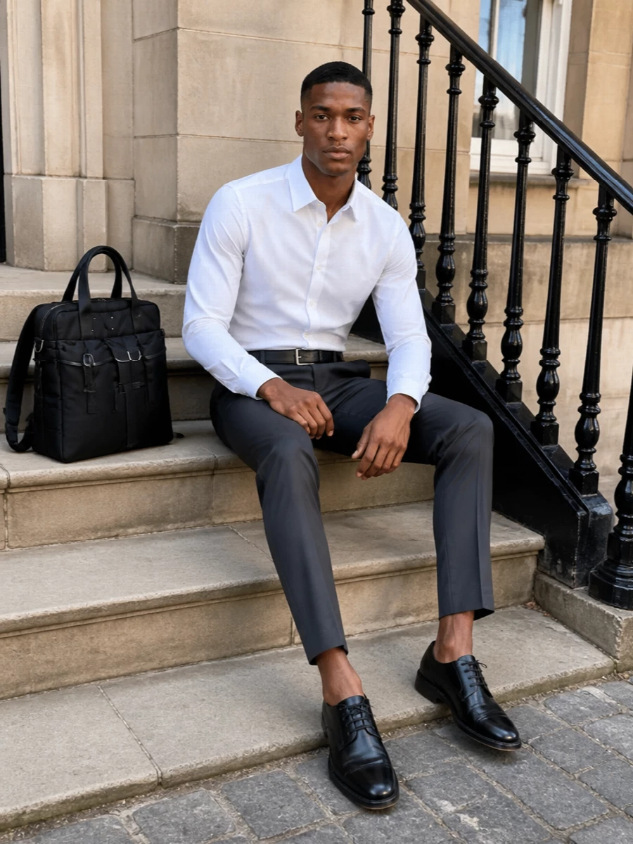 A crisp Margiela white shirt and deep charcoal trouser form a precise, monochrome column that reads sharp but not stiff. Polished black derbies and a slim black belt keep every line intentional, while the padded briefcase adds structure without any noise. It is an understated city uniform for serious days that often become late dinners.