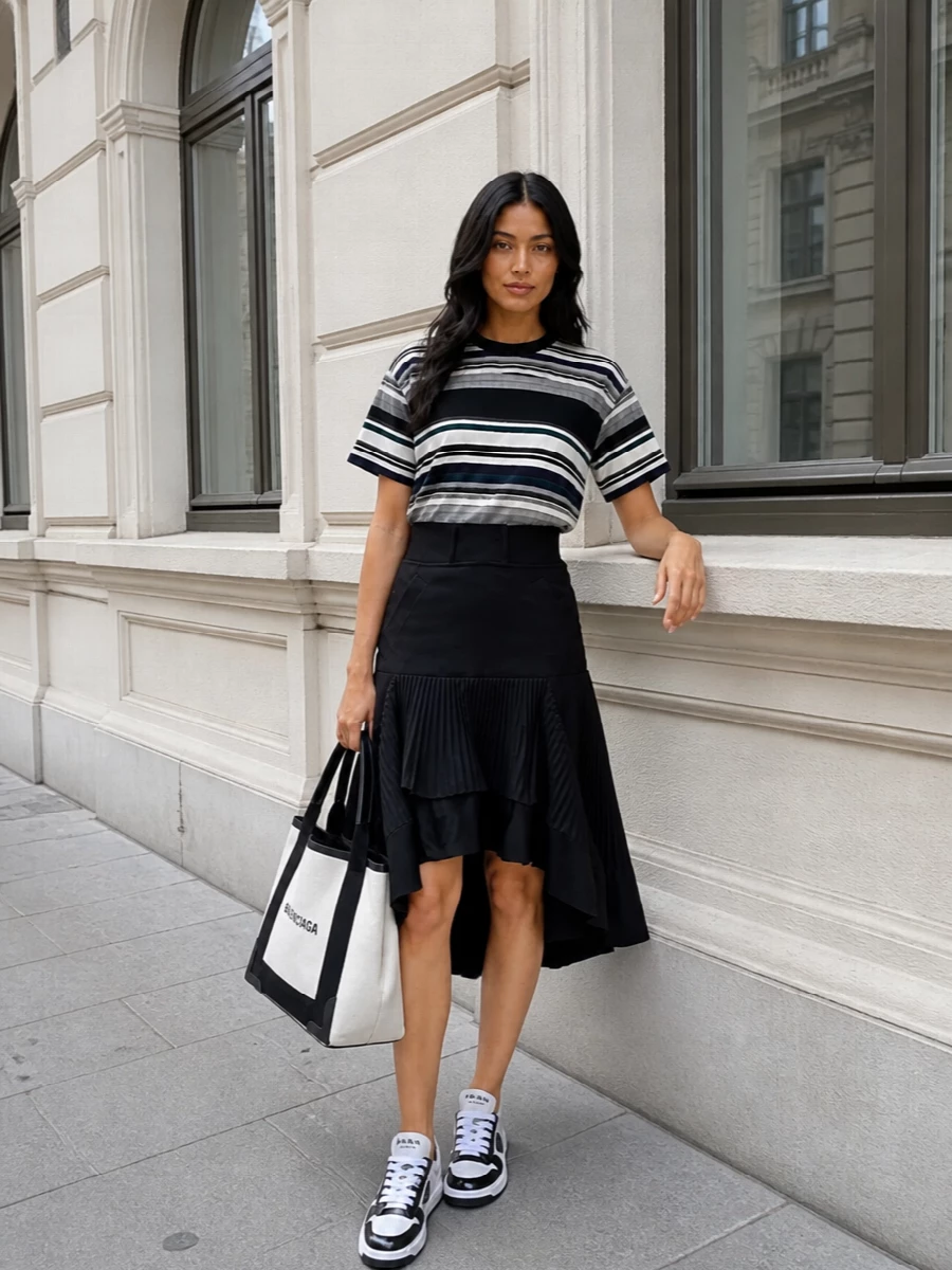 Sacai striped tee black asymmetric midi skirt