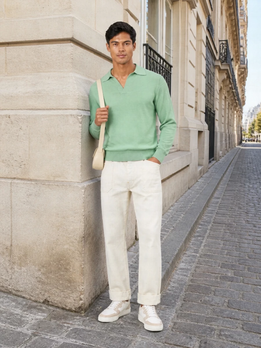 Auralee’s mint collared knit sits over off white straight-leg trousers for a clean, almost tennis inspired take on smart casual. Soft cream court sneakers keep the mood relaxed but precise, while the slim butter-toned shoulder bag adds just enough structure for city days. The result is quietly polished and spring focused, easy from morning errands to a low key dinner.