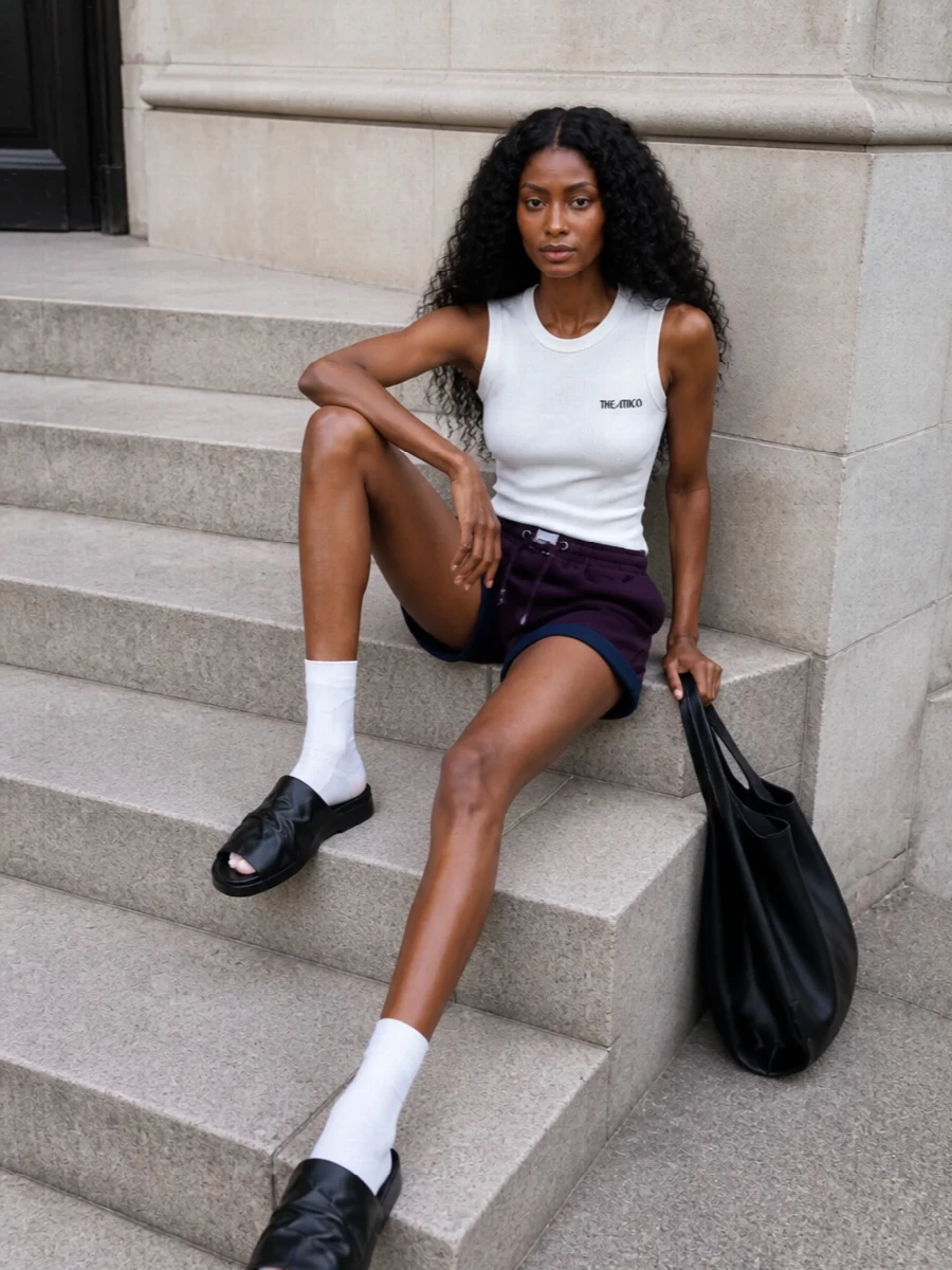 Attico plum shorts white tank black mules outfit