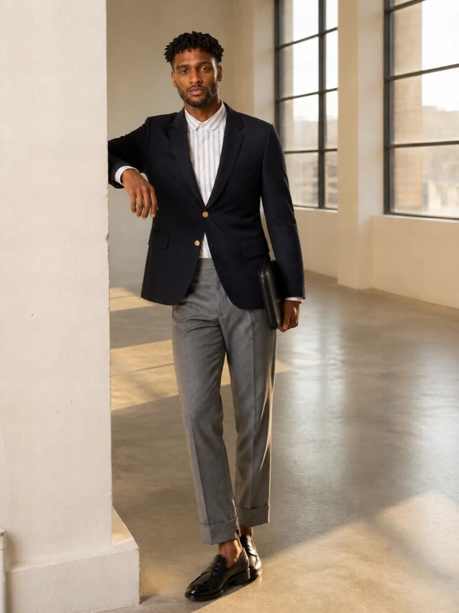 Thom browne navy blazer grey cropped trousers