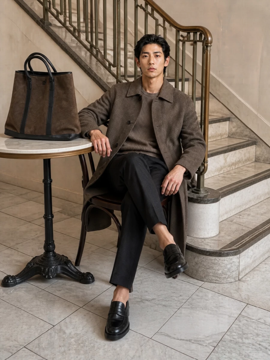 Jil sander taupe coat charcoal trousers outfit