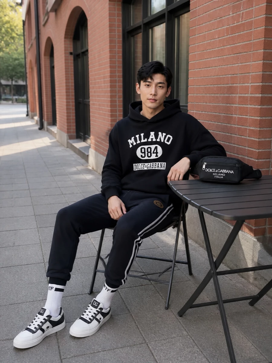 Dolce gabbana navy track pants black hoodie sneakers