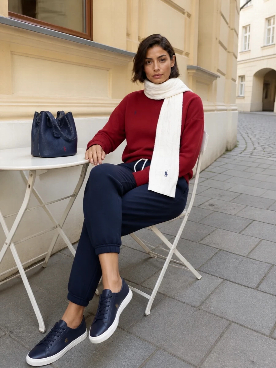 A deep red Polo crew teams with navy joggers for a polished, collegiate take on off-duty comfort. Navy sneakers and a structured bucket bag keep the palette tight and sporty, while the winter white scarf lightens everything with a cosy, heritage touch. It is an easy weekend uniform that still feels considered from coffee runs to casual travel days.