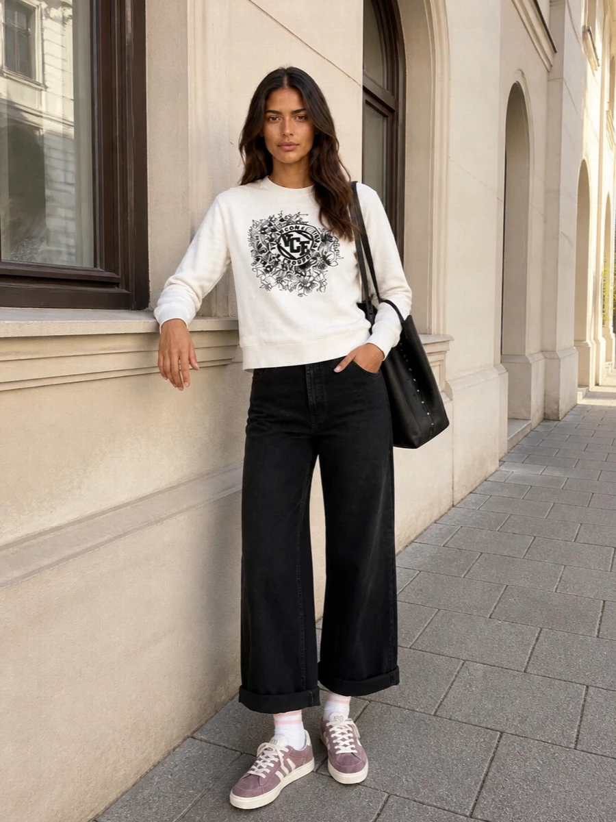 Golden goose sweatshirt wide leg jeans sneakers