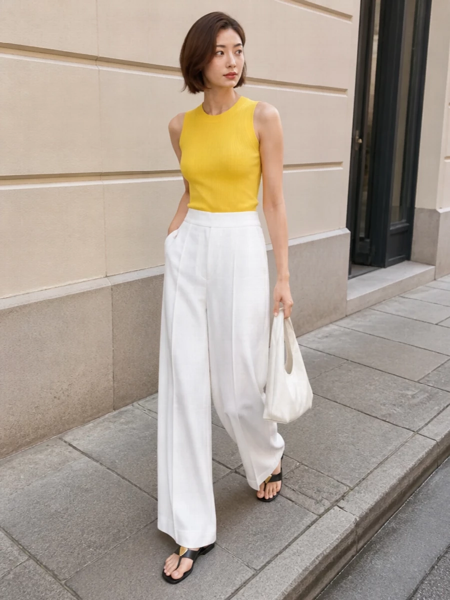 Yellow tank white wide leg trousers outfit
