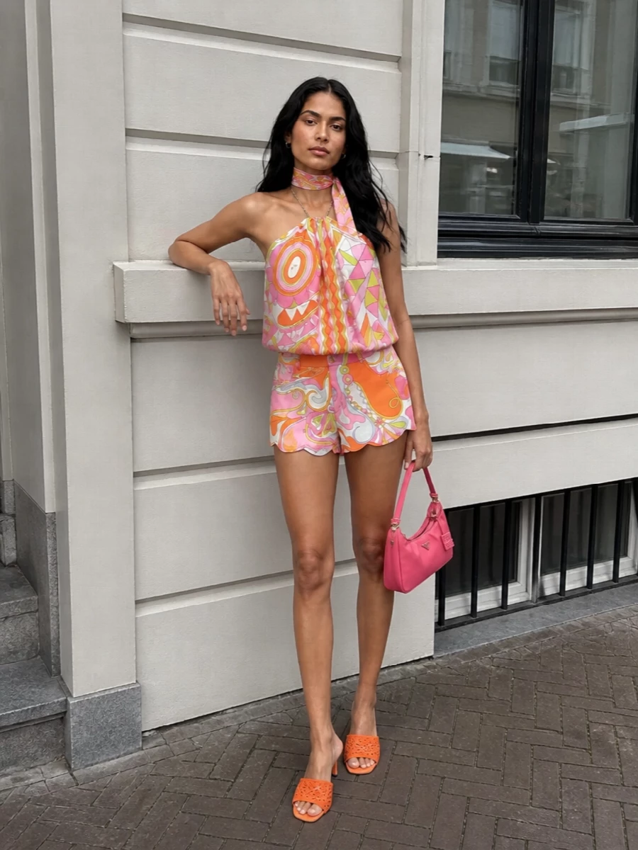 Pucci print shorts halter top prada pink bag