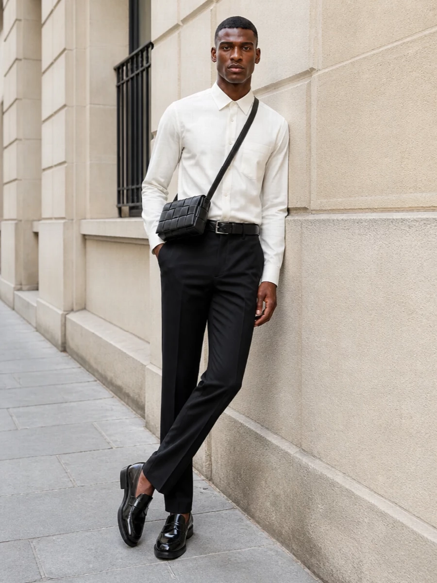 Prada black trousers off white shirt outfit men