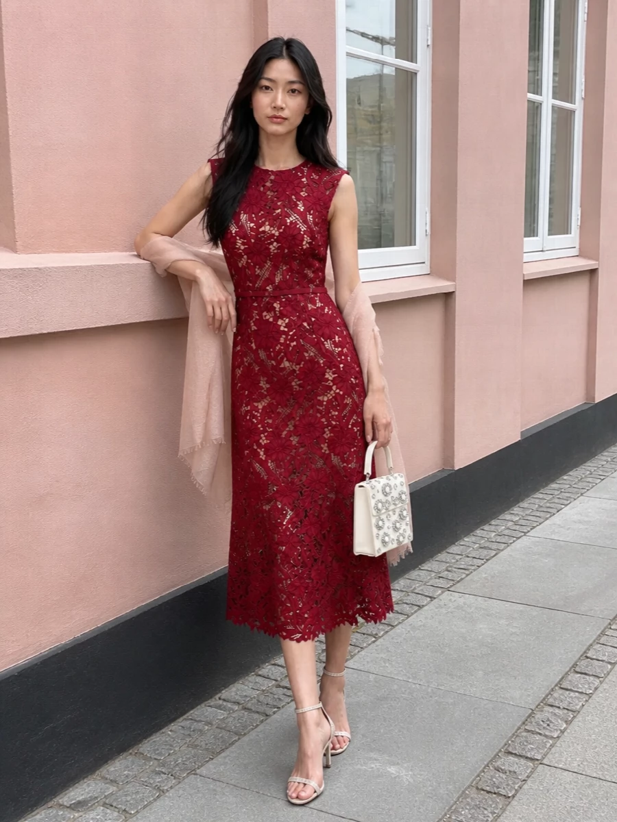 Self portrait burgundy lace dress champagne heels