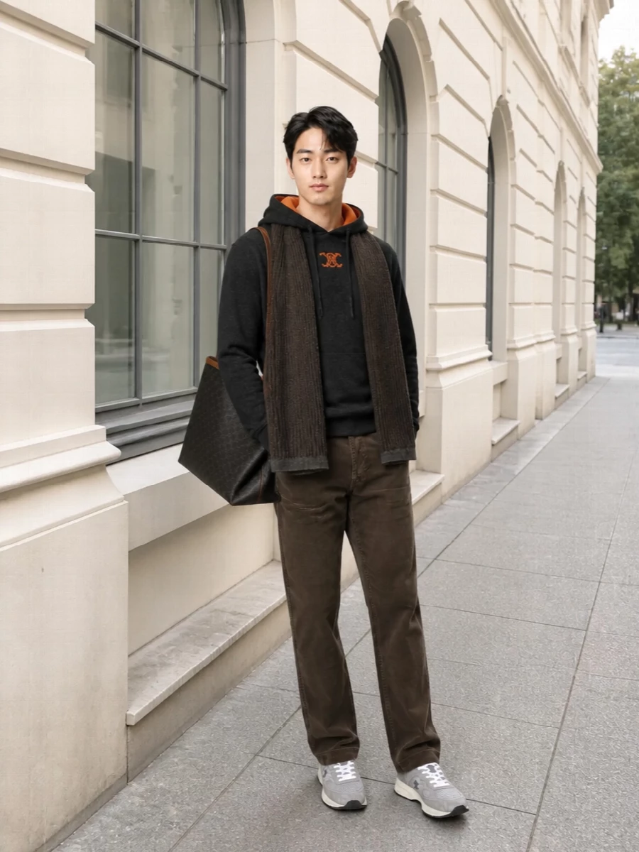 Celine hoodie brown corduroy trousers grey runners