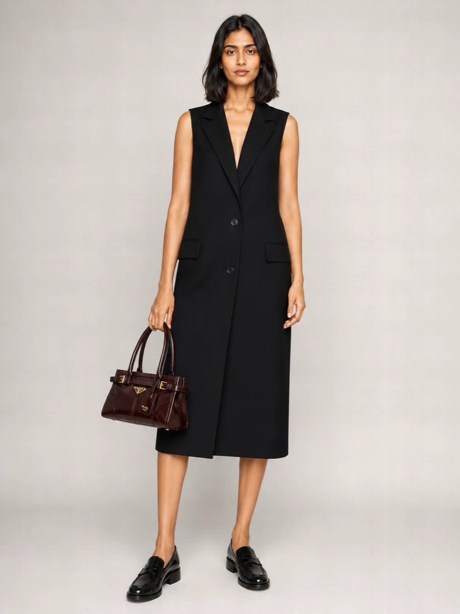 A sharp black Balenciaga midi dress and glossy Bottega loafers frame the Prada oxblood bag as the single, sculptural hit of color. The clean tailoring and sleeveless silhouette keep everything precise, letting texture and proportion do the work. Choosing the dress route over separates keeps the mood focused and formal, ideal for city dinners or gallery evenings where restraint reads strongest.