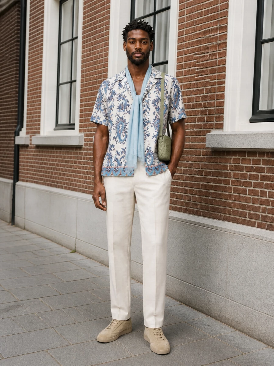 Etro paisley shirt cream trousers outfit