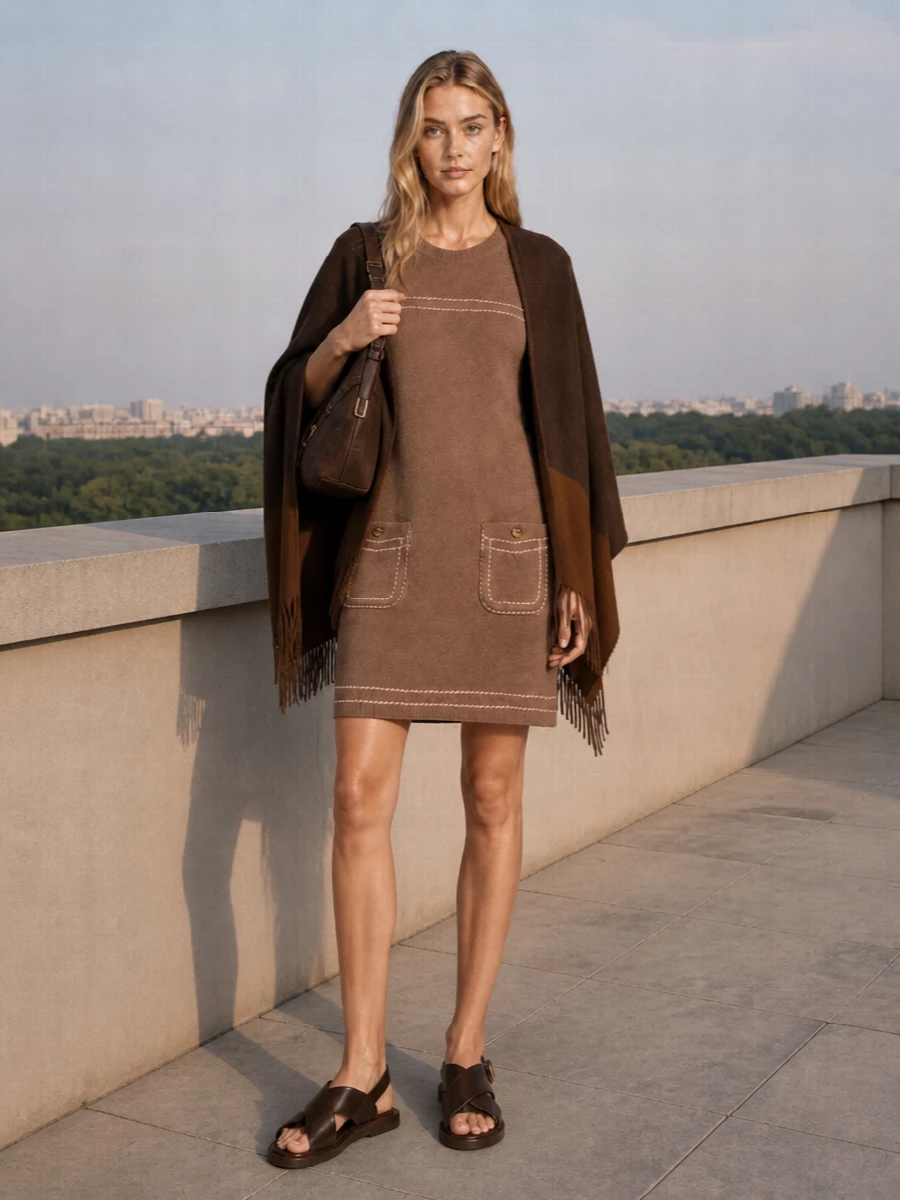 I chose the dress route to keep the poncho as the hero, letting a single, clean underlayer carry the silhouette instead of breaking it up with a top and bottom. The camel Prada knit shift and dark chocolate slingbacks create a long, tonal line that feels polished but relaxed, while the Givenchy hobo mirrors the wrap’s softness for an effortlessly coherent, quiet-luxury ensemble. This is the kind of neutral, texture-led pairing that works for gallery afternoons, travel days or low-key client lunches without ever feeling loud.