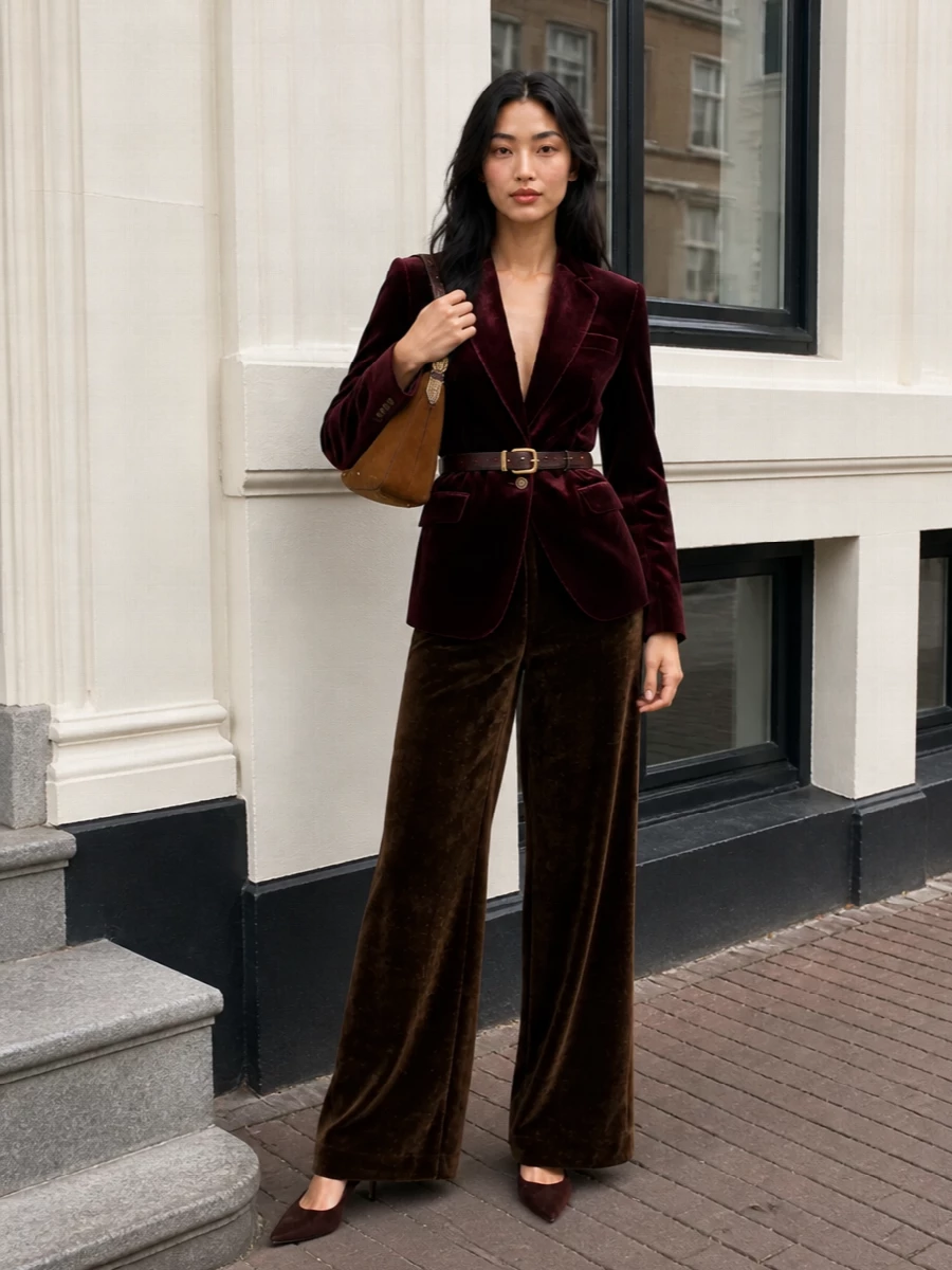 Etro velvet blazer brown wide leg trousers