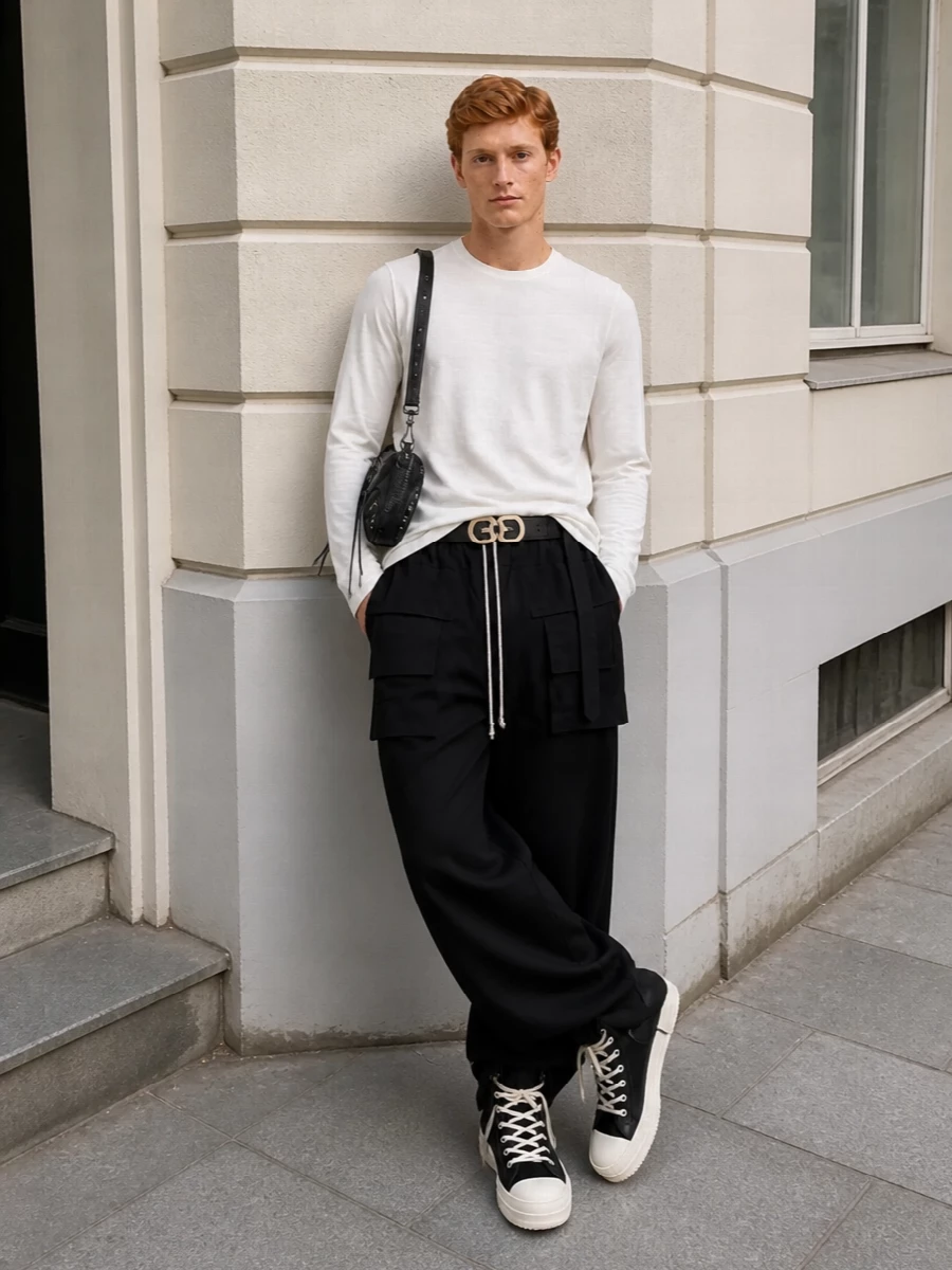 A soft-white DRKSHDW long-sleeve is grounded by inky, wide-leg cargo trousers to create a clean, elongated monochrome column with that familiar Rick nonchalance. Oversized black hi-top sneakers exaggerate the proportions and echo the tee’s strap detail, while a compact, hardware‑rich shoulder bag and a sharp logo belt inject just enough luxury edge without disturbing the stripped-back, street-leaning mood. It’s a cohesive, SS-ready uniform that feels effortless yet distinctly directional.