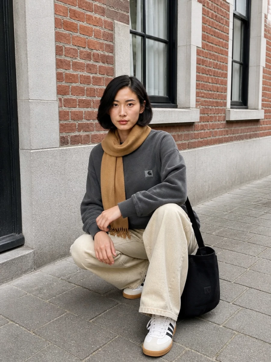 Carhartt sweatshirt wide leg beige pants outfit