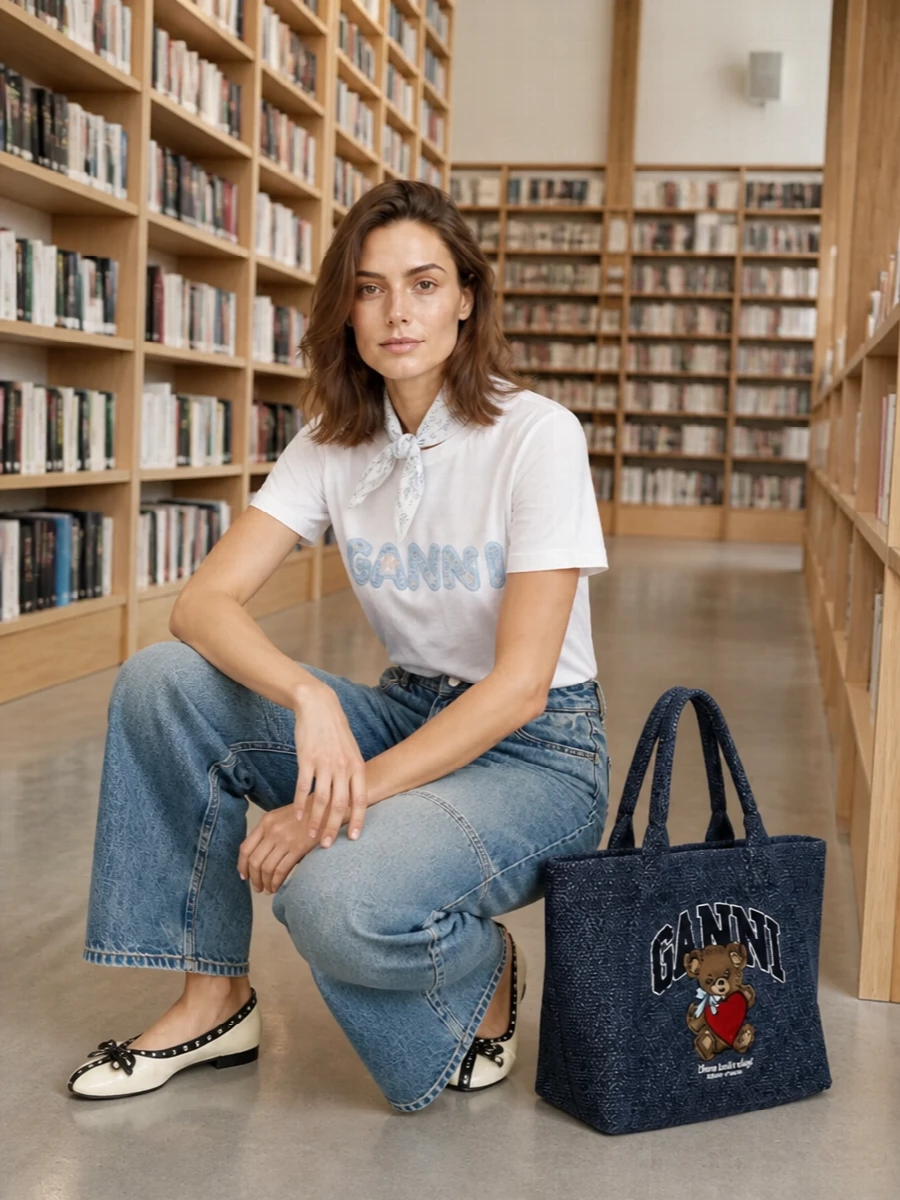 Ganni logo tee wide leg jeans ballet flats
