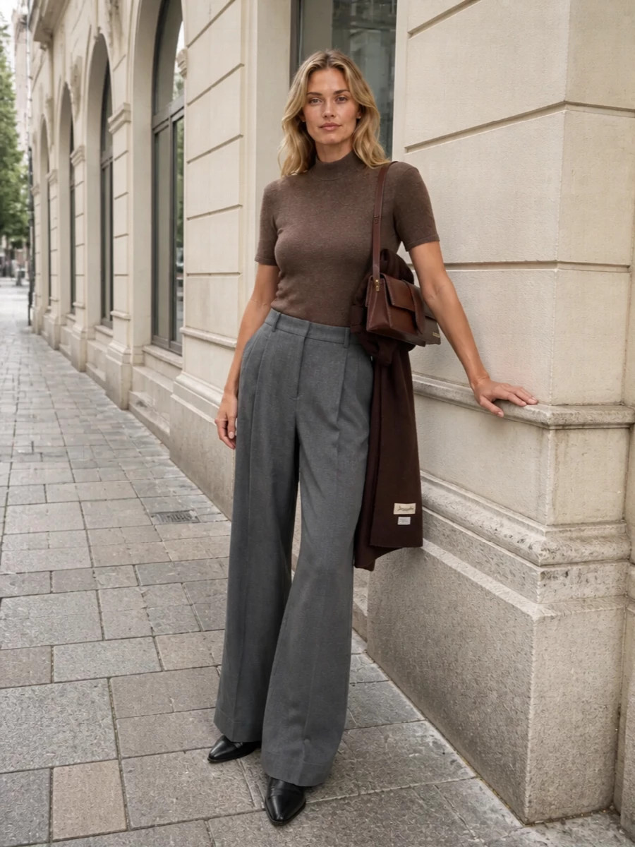 Designer wide leg trousers mocha mock neck knit