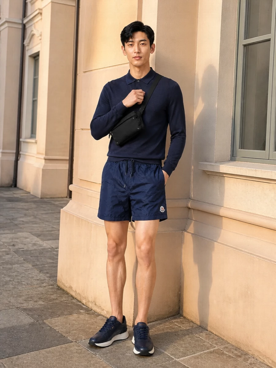 Navy on navy keeps this resort-ready outfit calm and precise, with the fine-gauge polo bringing quiet structure to the athletic short. The streamlined runners and compact belt bag anchor it firmly in modern city-resort territory, practical enough for travel while still reading considered by the pool bar.