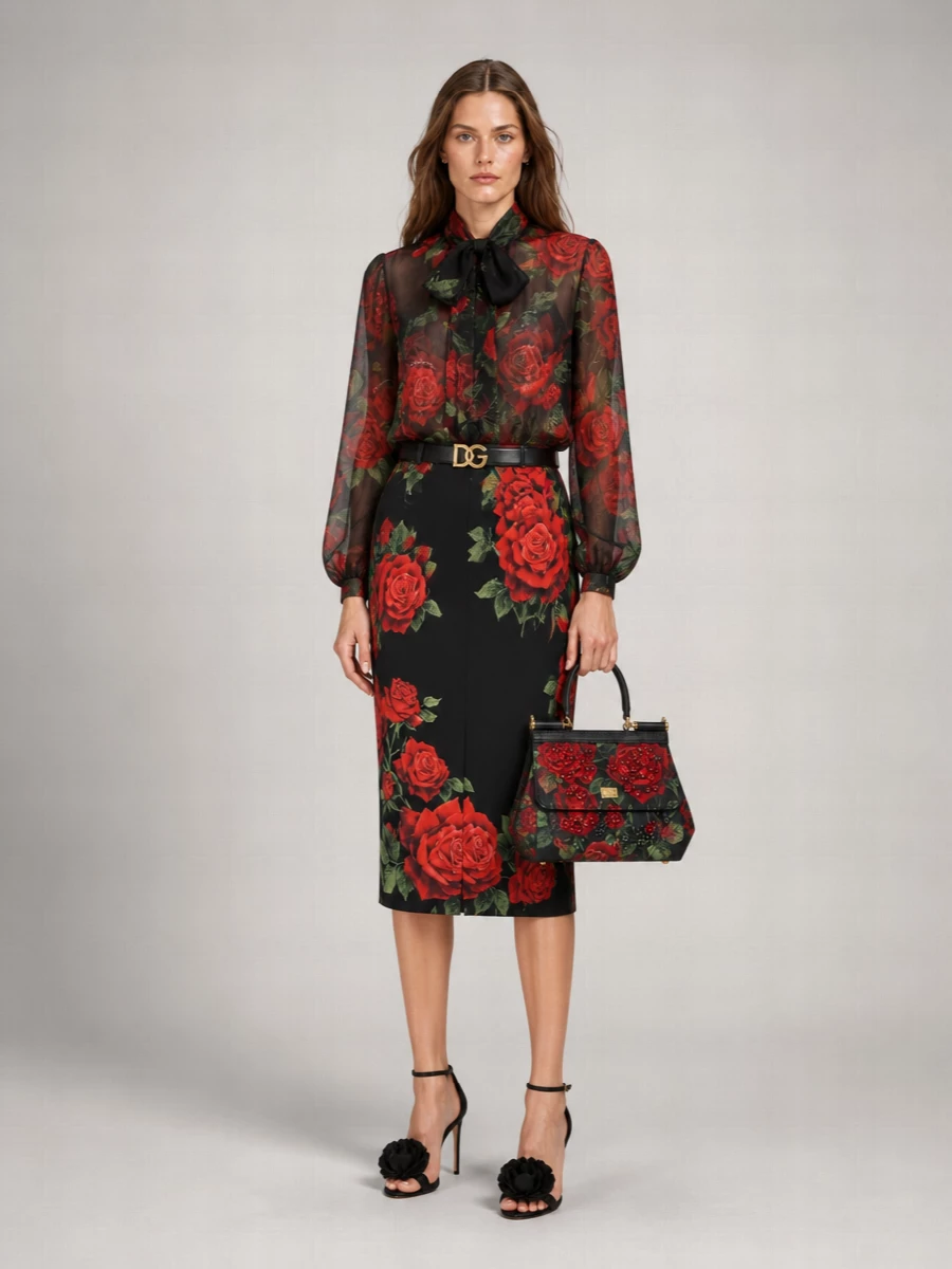 Dolce&Gabbana Silk Floral-Print High-Rise Midi Pencil Skirt