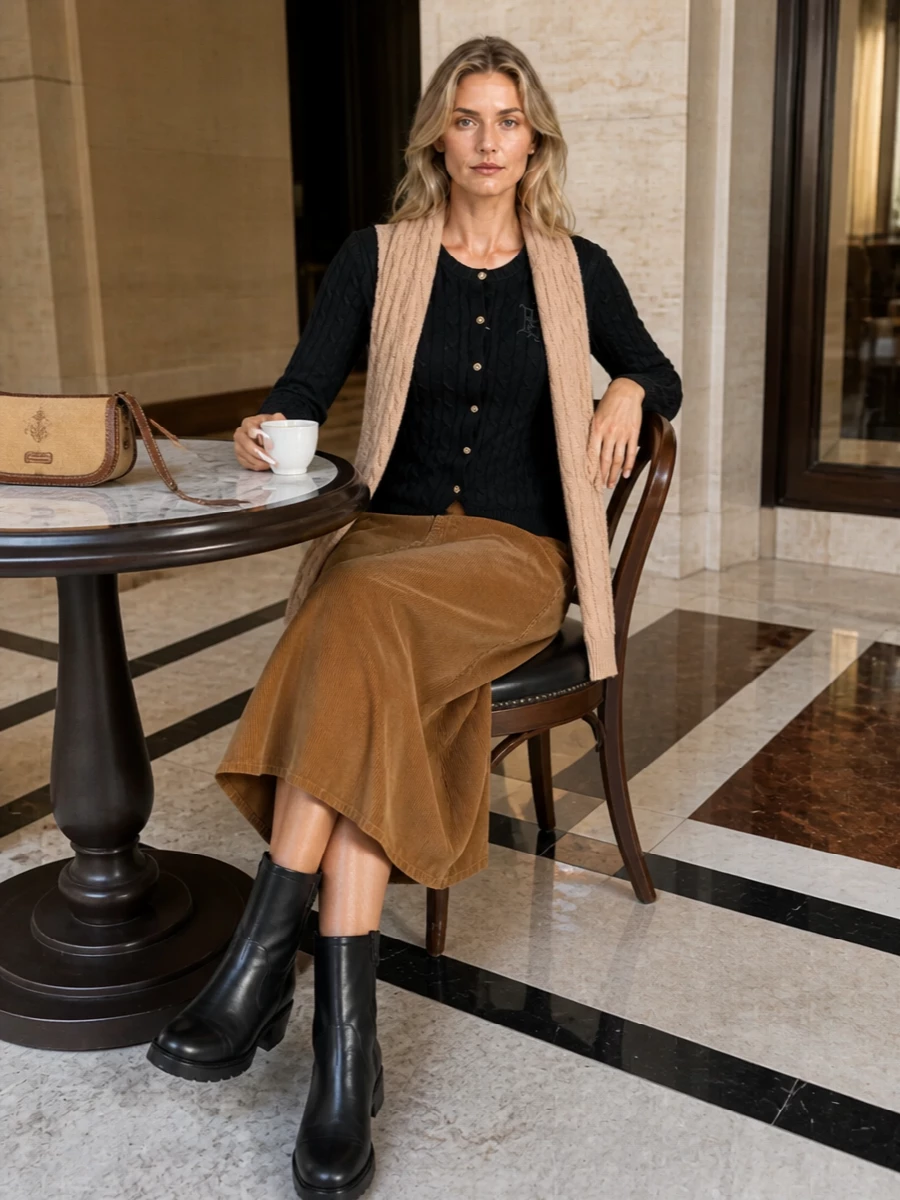 A black cable-knit cardigan is paired with a caramel corduroy midi, creating a refined contrast that still feels relaxed and collegiate. Chunky-soled black boots keep the silhouette grounded, while the camel shoulder bag and matching scarf pull the palette into a warm, quietly polished whole. It is an easy winter uniform for days that move between desk, café and weekend plans without a change.