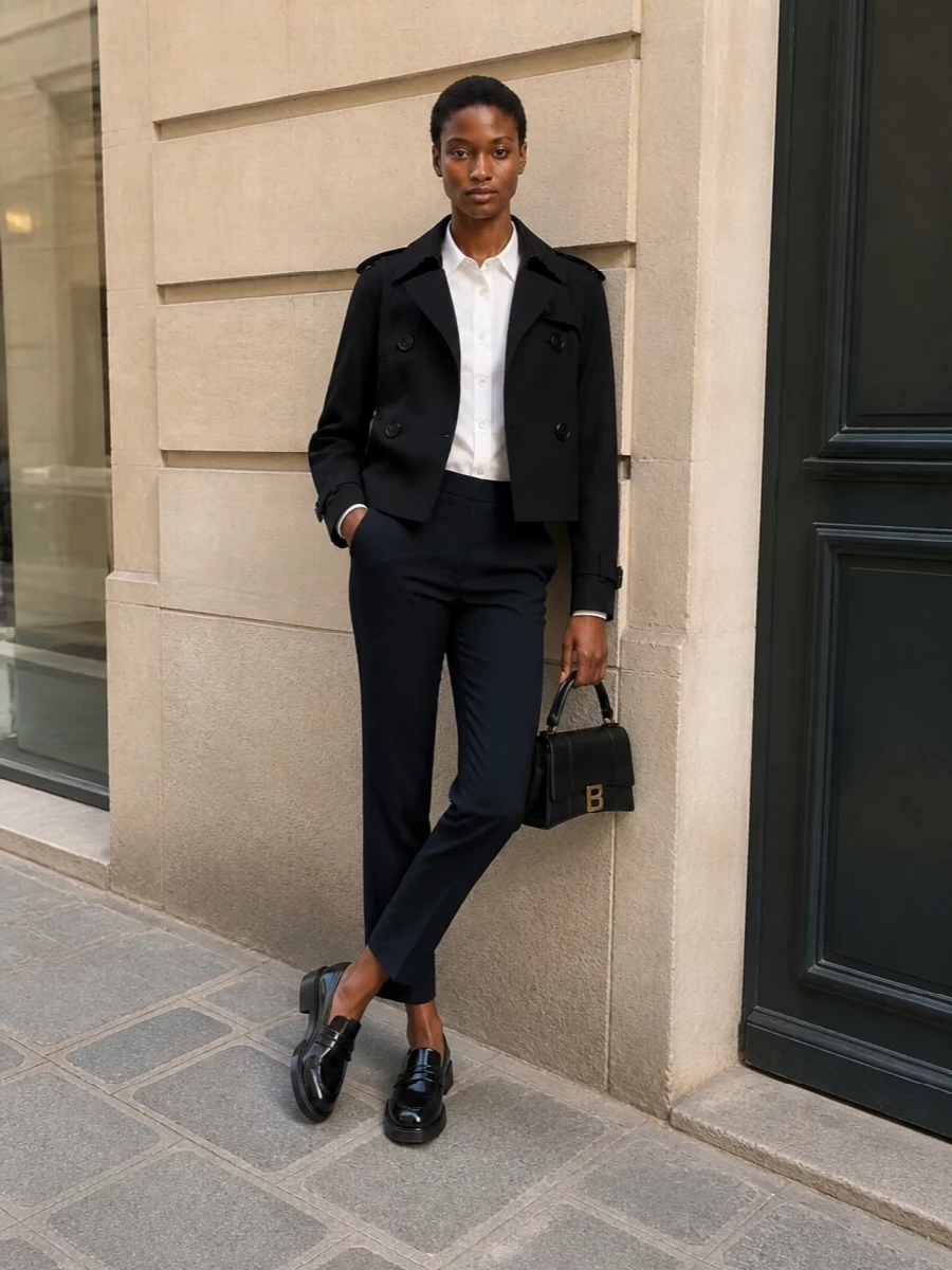 This look builds a modern city-uniform around the cropped black Burberry trench, choosing the TOP + BOTTOM path so the jacket can sit over precise shirting and slim tailoring rather than compete with a dress. A Thom Browne white button-up and Brunello Cucinelli cropped navy trouser create a clean, elongated column, while chunky Saint Laurent loafers and a structured Balenciaga mini top-handle bag bring polished, quietly logoed accents that keep the mood tailored, preppy and quietly luxurious for all-season wear.