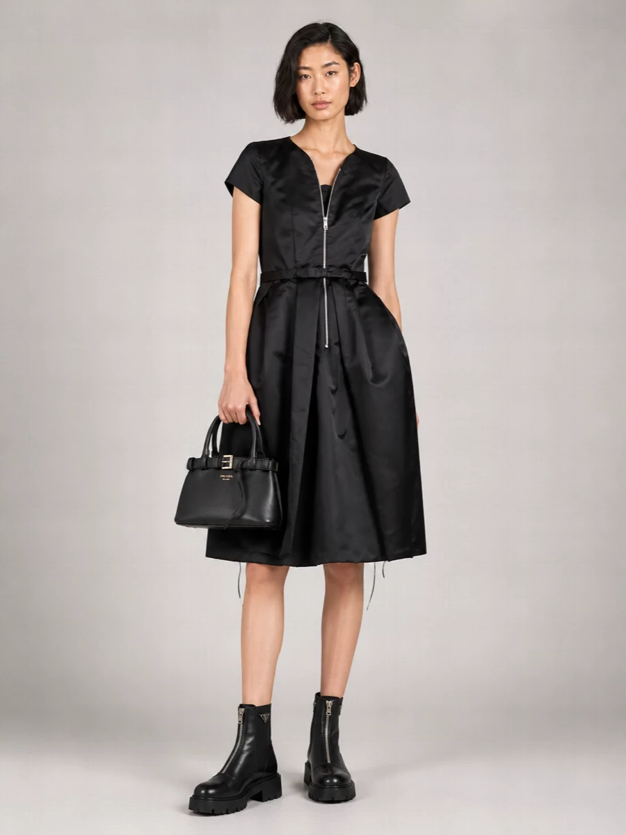 Prada silk v-neck short-sleeve pleated midi dress