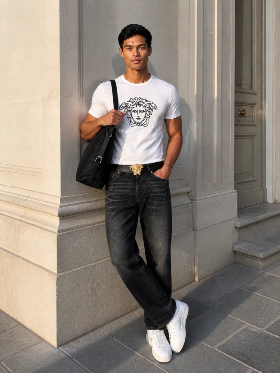 Versace medusa tee black jeans white sneakers