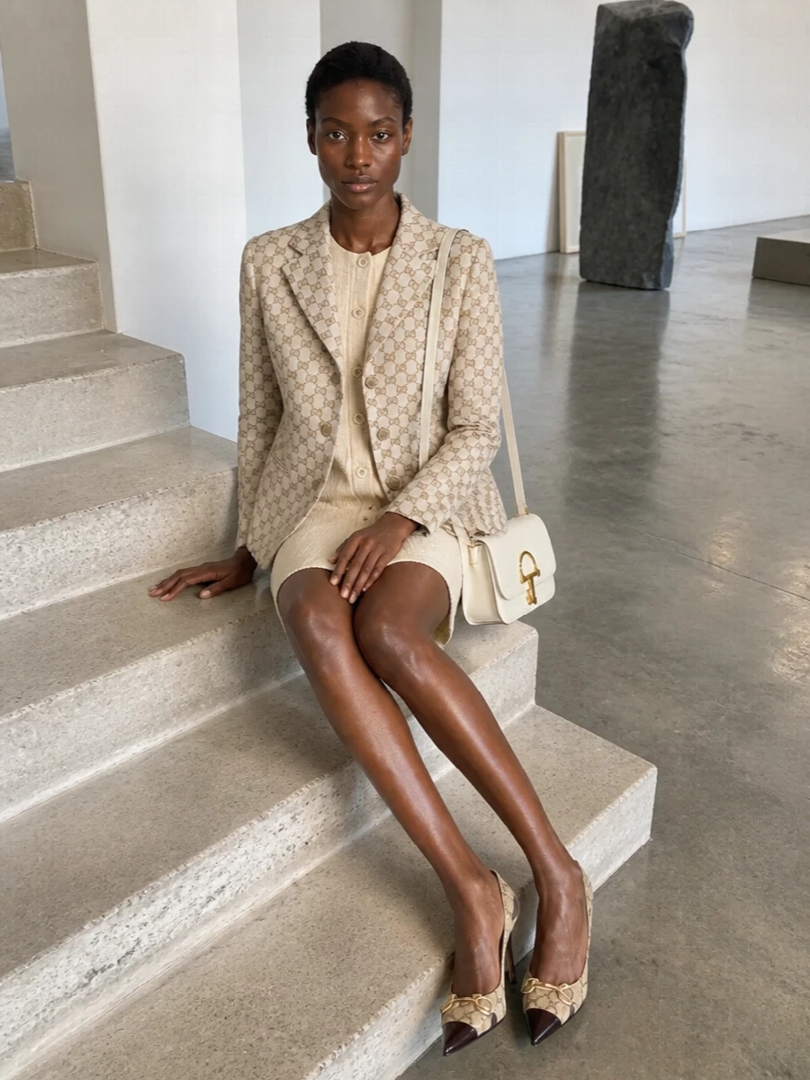 Gucci cream blazer tweed mini dress gg heels