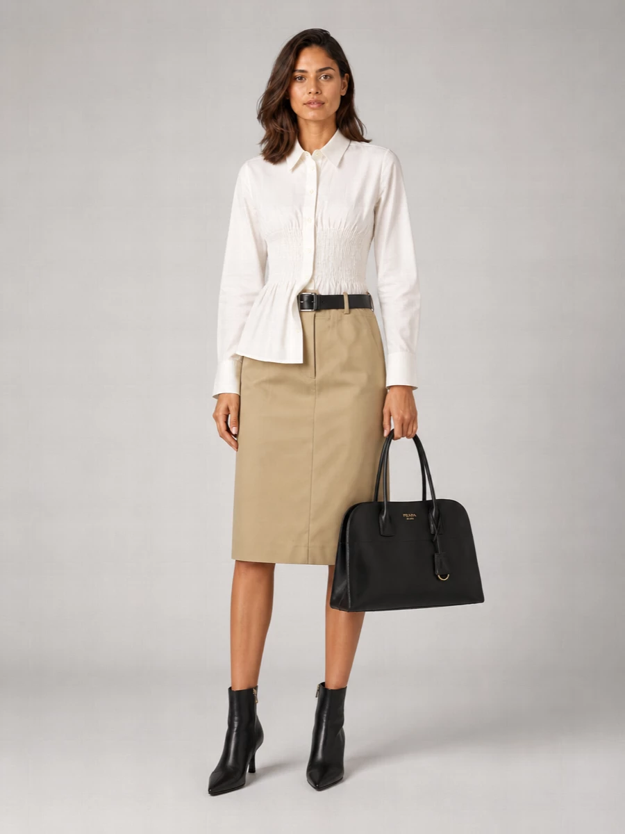 Prada Cotton Belted Pleated Midi Straight Skirt