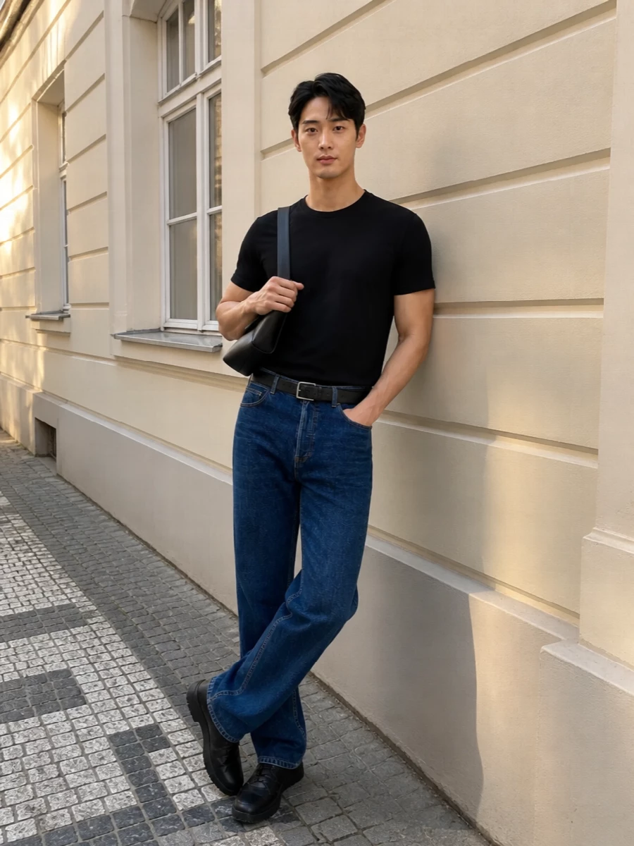 A black The Row tee and precise mid-indigo denim create a calm, low-contrast base that feels relaxed but considered. Matching black leather sneakers keep the line clean from hip to floor, while a slim black belt and sculptural shoulder bag add just enough structure without disturbing the quiet mood.