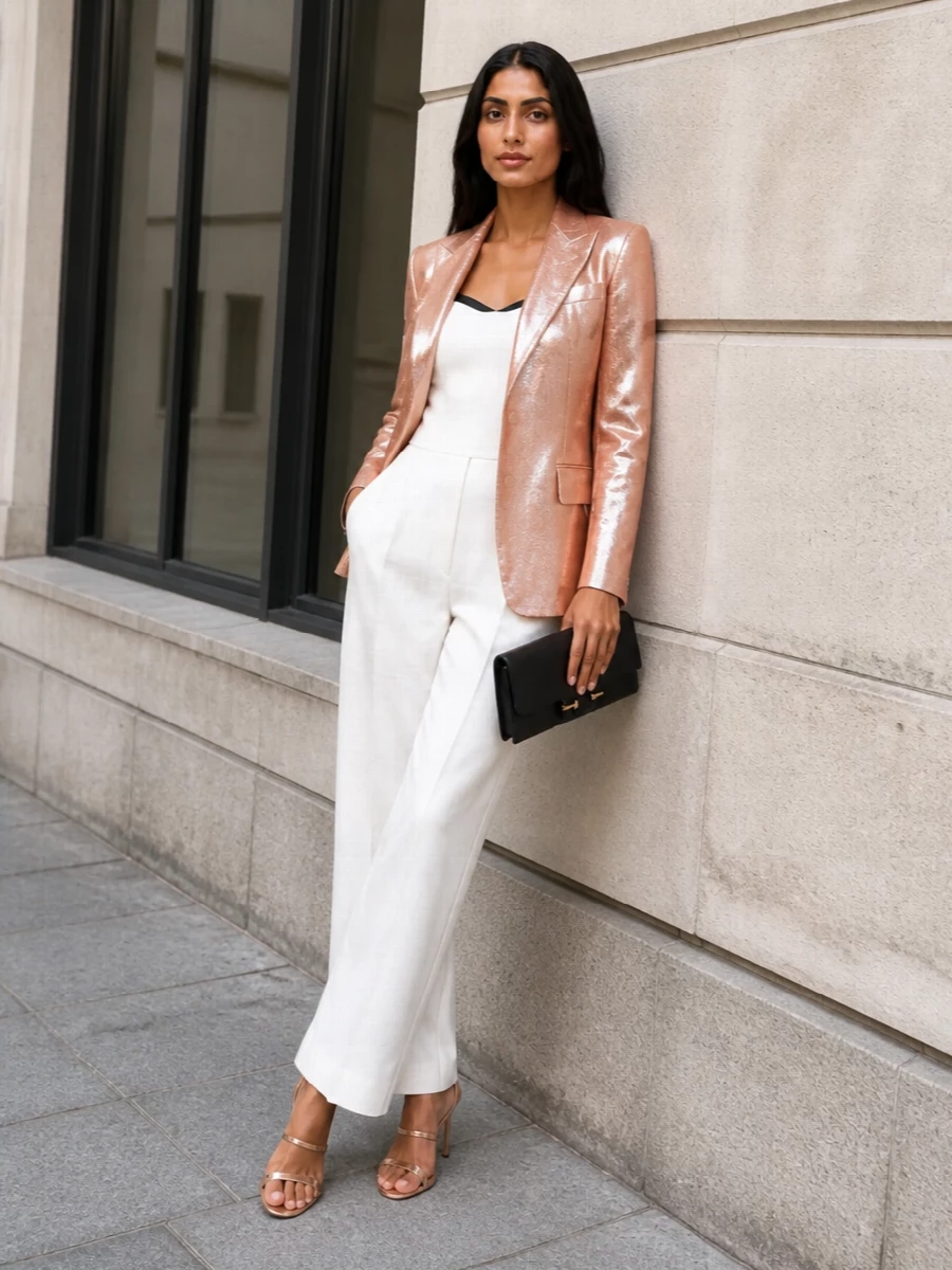 Tom ford rose gold blazer ivory jumpsuit outfit