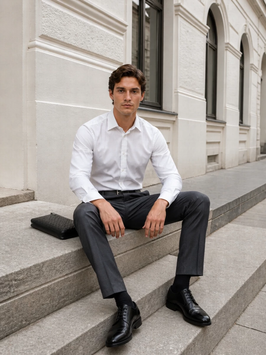 Dolcegabbana charcoal trousers white shirt derbies