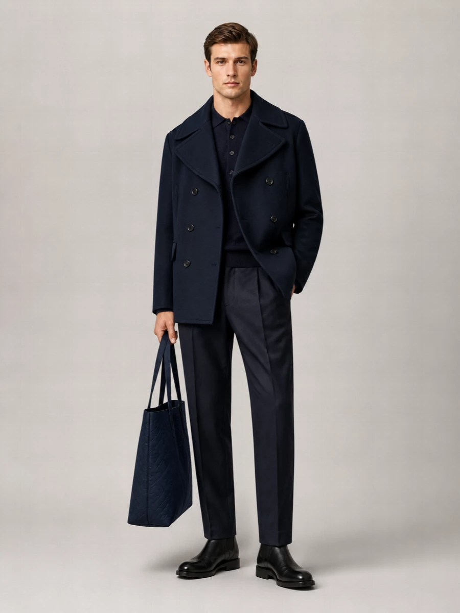 Inky navy layers stay within a restrained, almost monochrome spectrum, letting the pea coat’s sharp structure lead without feeling stiff. Pleated charcoal-navy trousers and a fine knit polo keep the line long and relaxed, while black Chelsea boots and a structured navy tote ground everything in quiet, city-ready polish. It is a winter uniform for someone who likes their tailoring confident but conversational rather than severe.