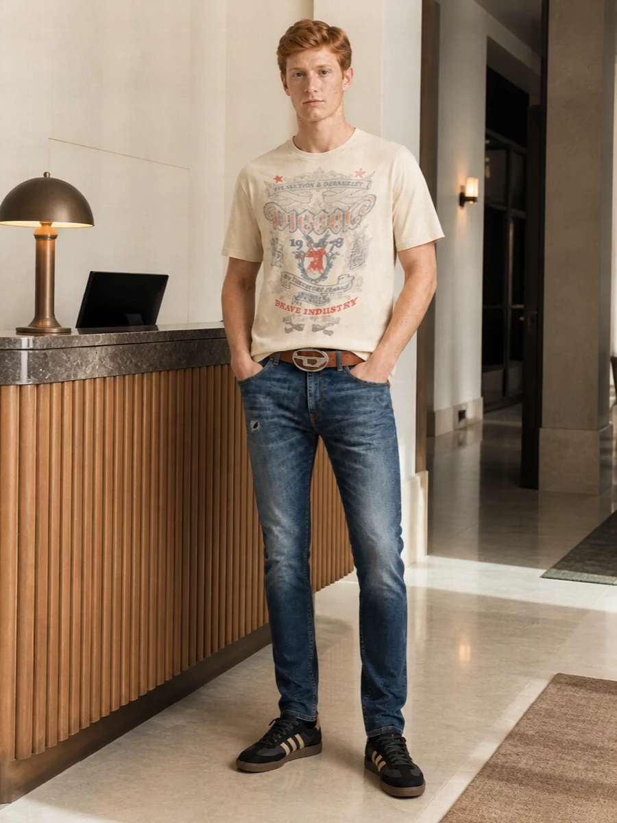 Mid-indigo Diesel denim meets a washed beige graphic tee for a soft, vintage streetwear mood that still feels sharp and intentional. Black and sand Adidas trainers and a brown logo belt pick up the jeans’ tobacco stitching, while the khaki Stone Island tote leans into the utility feel and keeps the palette grounded in warm, wearable neutrals. It is an easy off-duty combination that reads modern without losing that lived-in Diesel attitude.