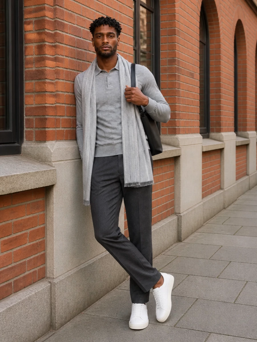 Celine knit polo charcoal trousers white sneakers