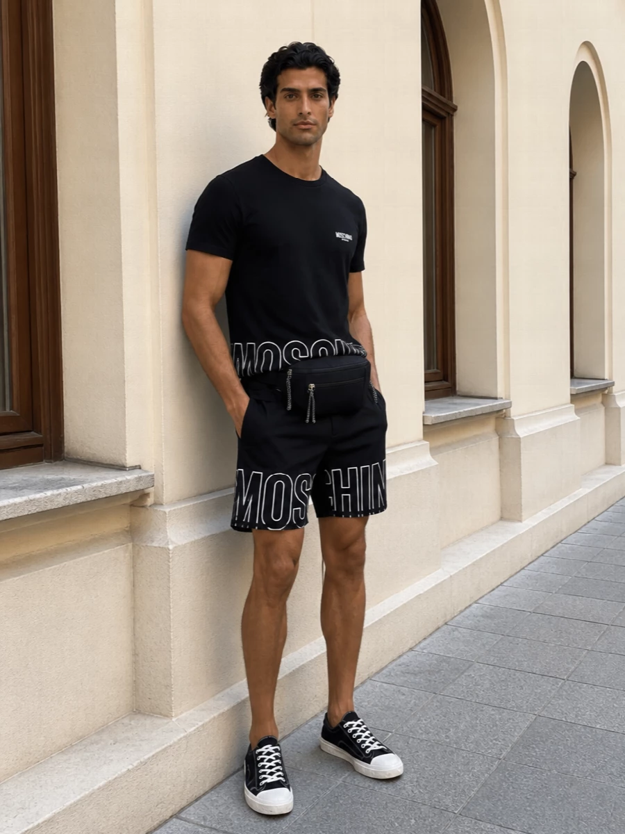 Moschino black logo shorts outfit sneakers