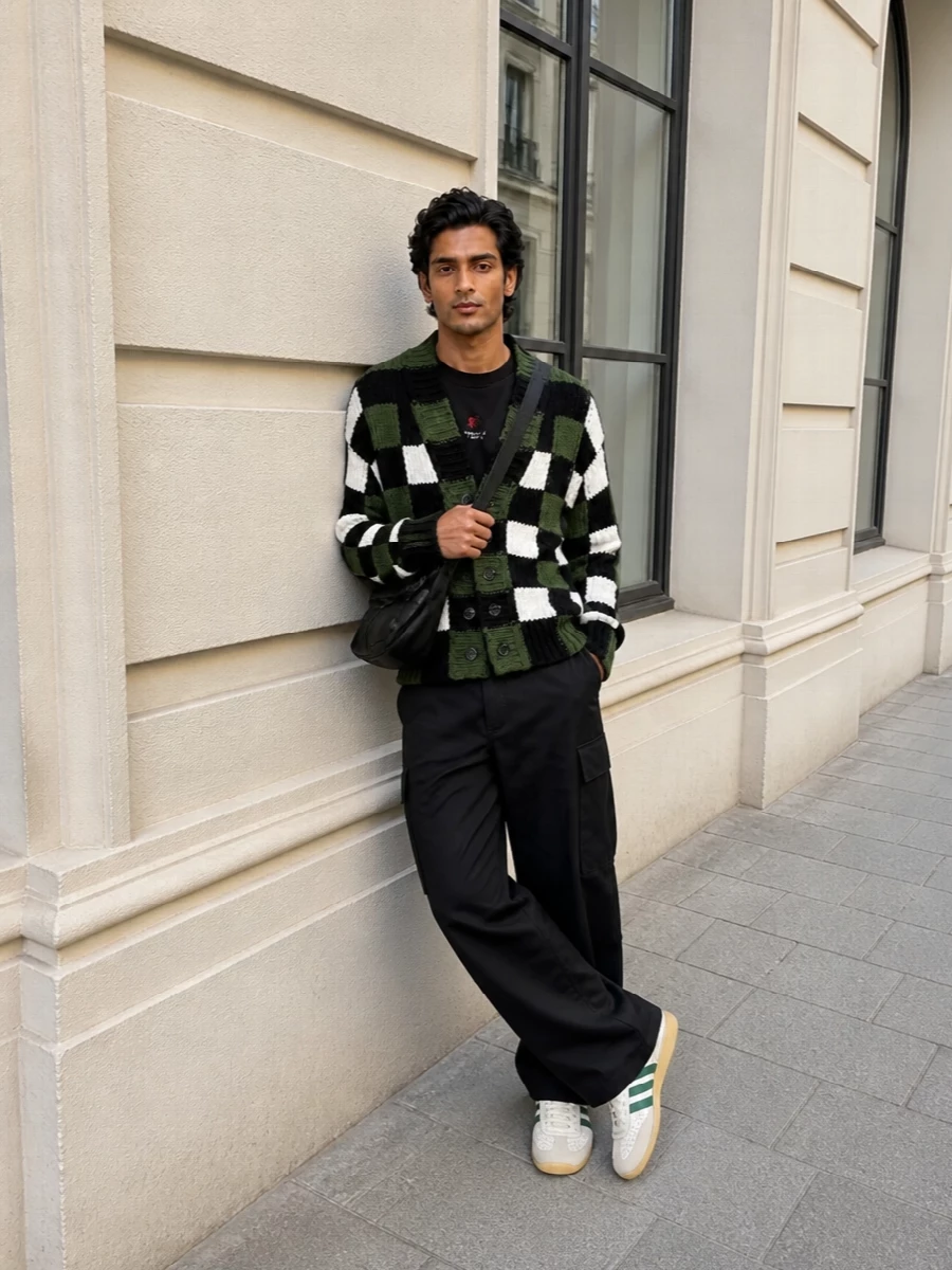 Kenzo cardigan outfit black cargo pants