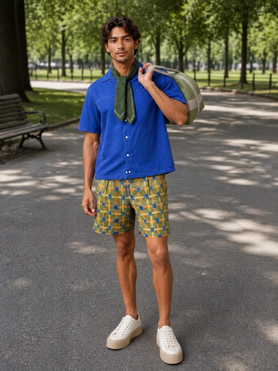Marni printed shorts cobalt shirt sneakers