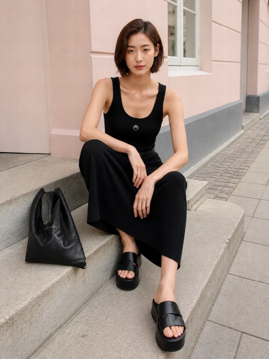 Marine Serre’s ribbed maxi stays clean and graphic, grounded by chunky MM6 slides that give the column some attitude. The sculptural MM6 shoulder bag keeps everything practical but sharp. Add the slim belt only if you want a little more definition without losing the sporty edge.