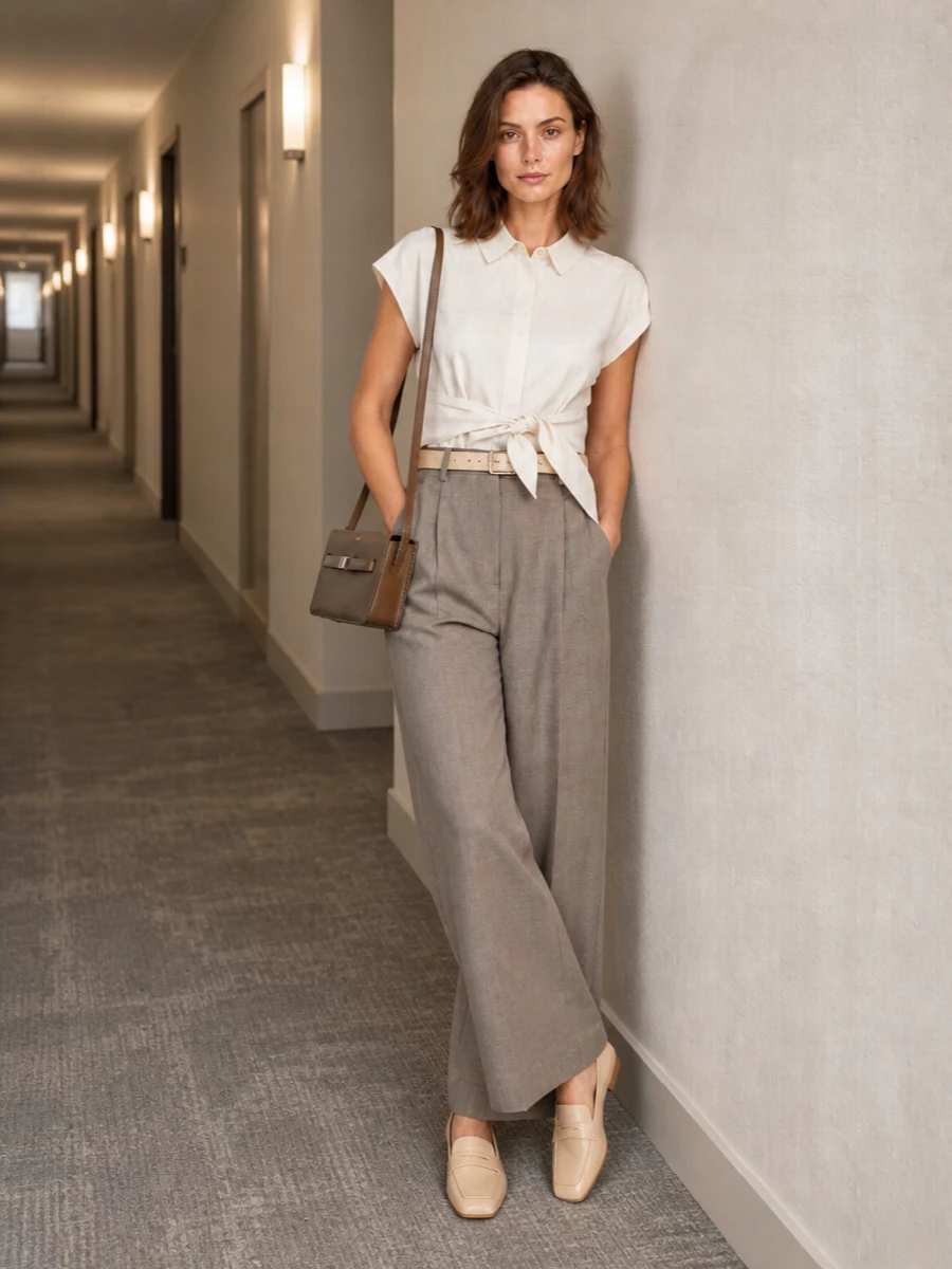 Calvin klein blouse wide leg trousers outfit