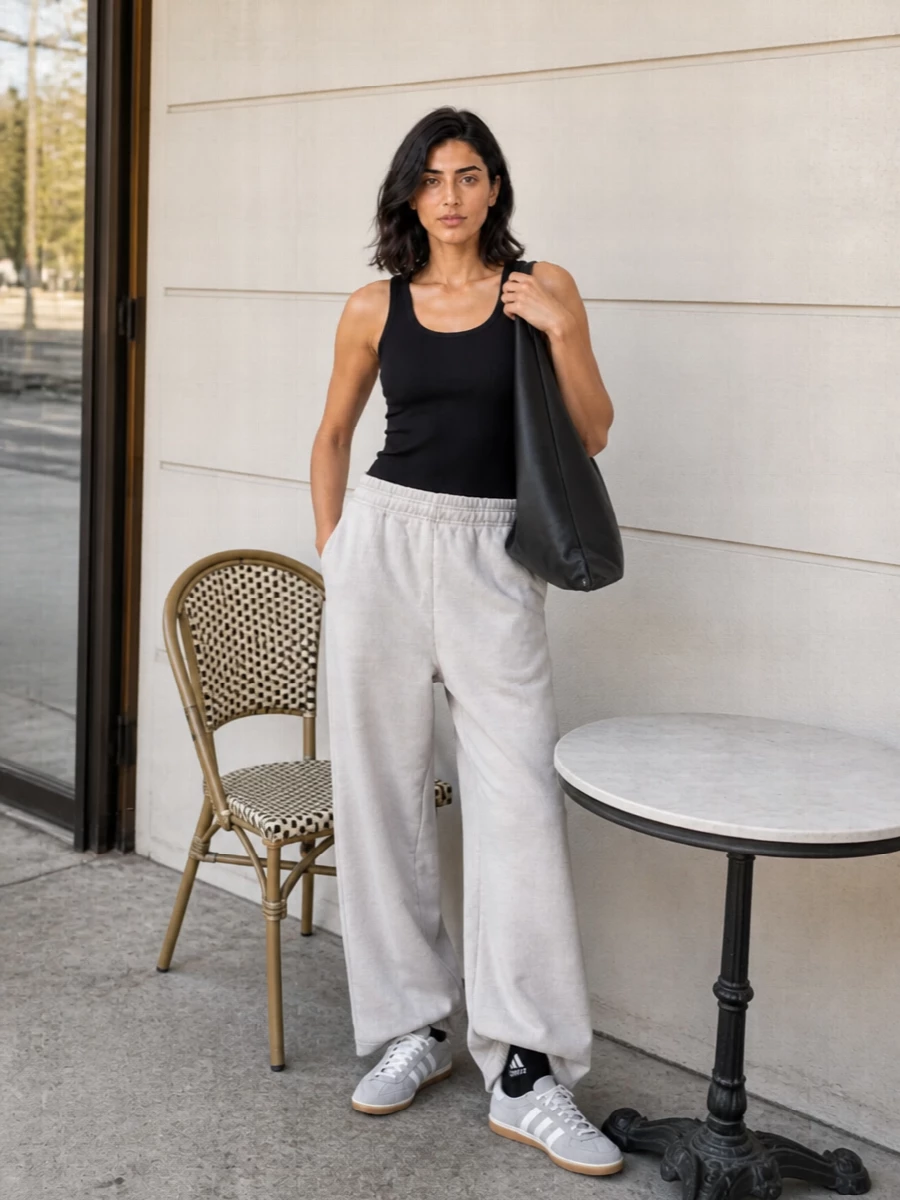 Relaxed stone-wide trousers meet a close black ribbed tank for a clean, low-key contrast that still feels intentional. Slim retro trainers and a sculptural black tote keep everything grounded in minimalist streetwear, with logo socks adding just enough attitude. The result is easy to move in, pared back, and ready for everyday city wear.