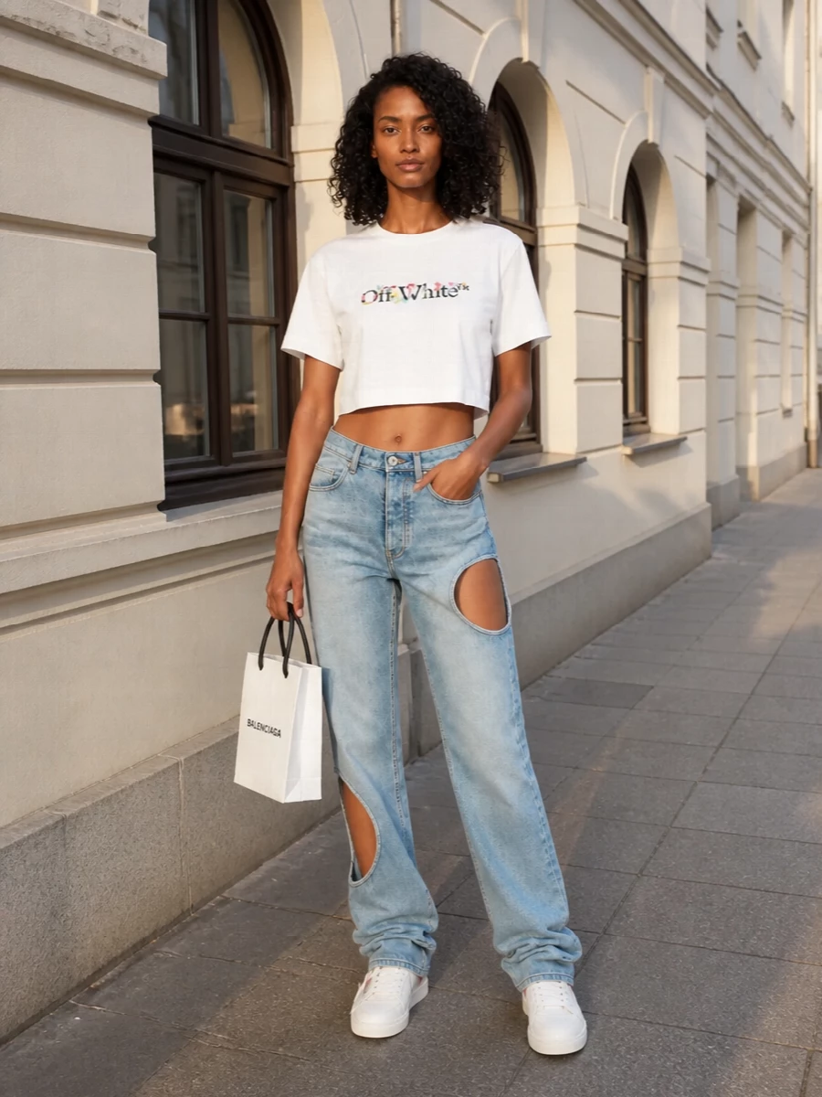 This look leans fully into Off-White’s Y2K streetwear DNA: the cropped, softly branded tee sits over light-wash cut-out jeans for a confident, leggy silhouette that feels playful but still wearable. Clean off-white sneakers and a sharp Balenciaga mini tote keep the palette tight and graphic, giving the outfit a modern, city-ready finish that’s logo-forward without feeling loud.