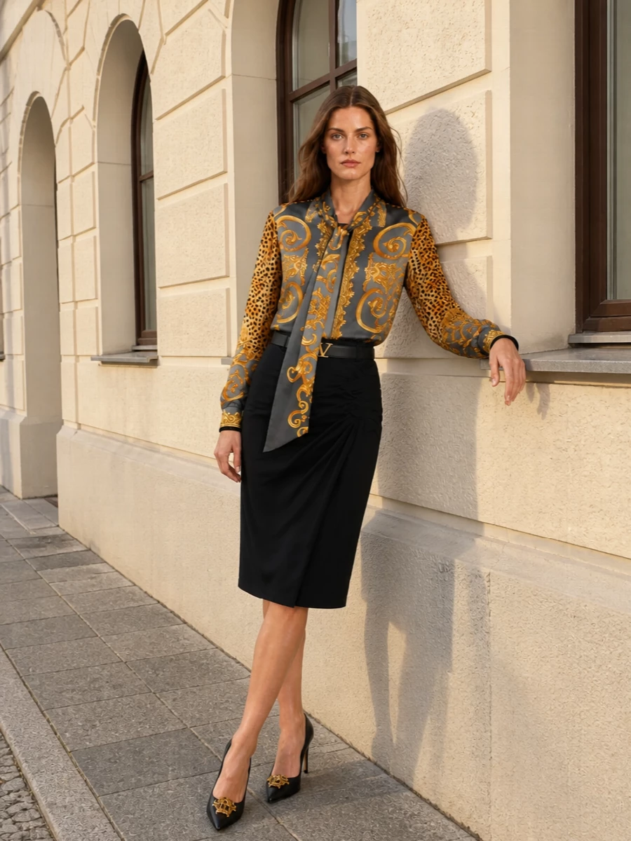 Versace baroque silk shirt black pencil skirt outfit
